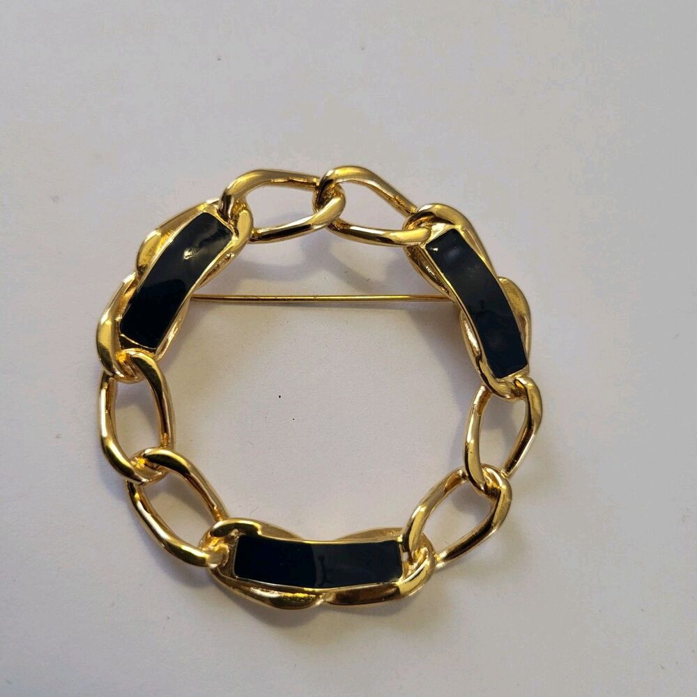 Monet Gold Tone Black Enamel Open Chain Round Brooch, Signed